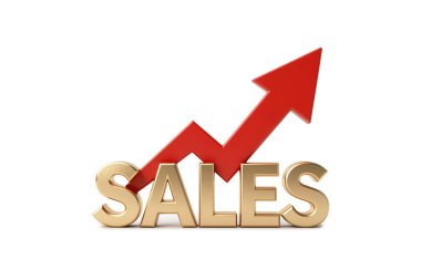 3D altın metalik satış sözcüğünün yukarı doğru giden yörüngeyi gösteren kırmızı bir ok grafiği ile yorumlanması, büyümeyi ve iş dünyasındaki başarıyı sembolize ediyor.