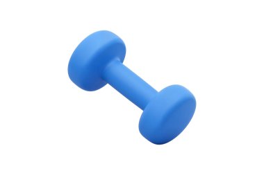 Düz dizayn ve üç boyutlu derinliğe sahip mavi bir dambıl. Kalın renkler ve temiz kenarlar, beyazda izole edilmiş..