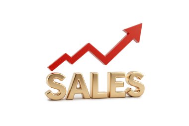 3D altın metalik satış sözcüğünün yukarı doğru giden yörüngeyi gösteren kırmızı bir ok grafiği ile yorumlanması, büyümeyi ve iş dünyasındaki başarıyı sembolize ediyor.