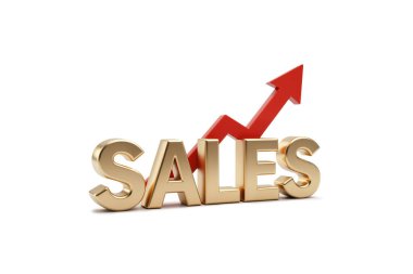 3D altın metalik satış sözcüğünün yukarı doğru giden yörüngeyi gösteren kırmızı bir ok grafiği ile yorumlanması, büyümeyi ve iş dünyasındaki başarıyı sembolize ediyor.