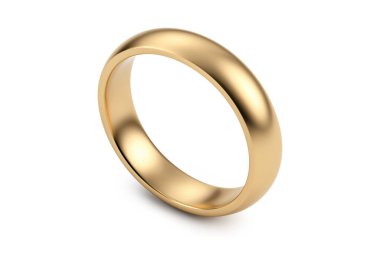 Tek bir altın alyansın 3D versiyonu. Sıcak metalik tonları ve beyaz üzerine izole edilmiş gerçekçi gölgeleri var..