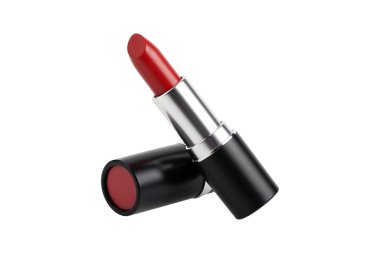 Ticari güzellik ürünü görselleştirmesi için açık bir kapak tasarımı içeren gümüş krom detaylı klasik kırmızı ruj ve siyah bir çanta..