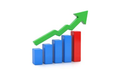 Pozitif büyümeyi gösteren bir çubuk grafiğinin 3 boyutlu çizimi, mavi çizgiler, tek bir kırmızı çizgi ve yukarı bakan koyu yeşil ok.