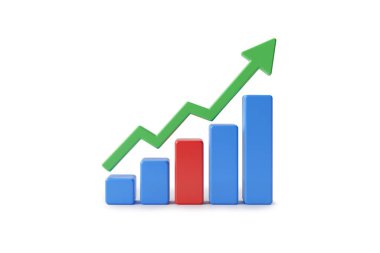 İşletme büyüme grafiğinin mavi çizgileri, kırmızı bir tepe çubuğu ve yukarı bakan yeşil bir ok ile çizilmesi, başarıyı ve ilerlemeyi simgeliyor..
