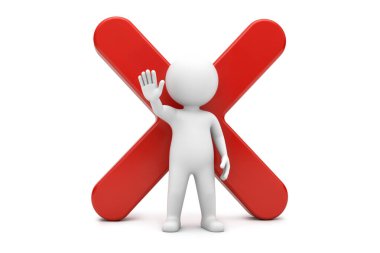 Beyaz bir 3D figürün kırmızı X sembollü bir uyarı hareketi yapması yasaklama ya da reddetmeyi gösteriyor..