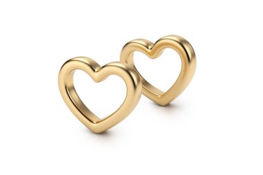 Üç boyutlu birleştirilmiş kalp şeklinde iki altın yüzük, aşkı ve birlikteliği temsil ediyor, parlak metalik bir dokusu ve yumuşak bir stüdyo ışığı var..