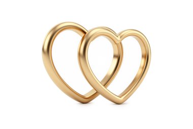 Üç boyutlu birleştirilmiş kalp şeklinde iki altın yüzük, aşkı ve birlikteliği temsil ediyor, parlak metalik bir dokusu ve yumuşak bir stüdyo ışığı var..