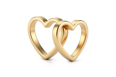 Üç boyutlu birleştirilmiş kalp şeklinde iki altın yüzük, aşkı ve birlikteliği temsil ediyor, parlak metalik bir dokusu ve yumuşak bir stüdyo ışığı var..