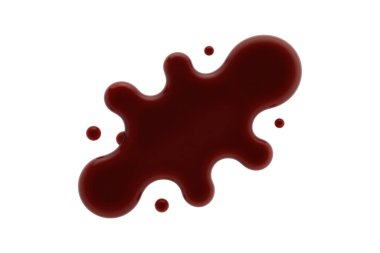 Koyu kırmızı bir kan damlasının 3 boyutlu görüntüsü, küçük damlacıklar, beyaz üzerine izole edilmiş pürüzsüz yüzeyi ve hatta aydınlatma.
