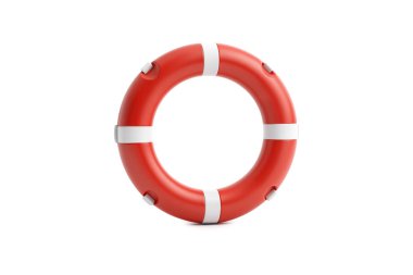 Bir deniz cankurtaran şamandırasının 3 boyutlu görüntüsü, düz dairesel bir halka ve kırmızı-beyaz bir son, ön perspektifte sunuluyor..