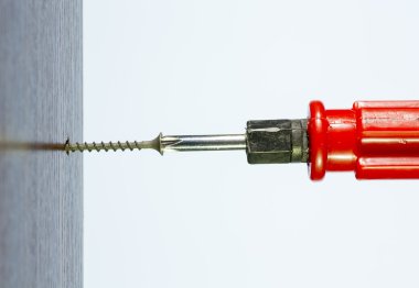 tool screwdriver and a screw in his hand