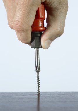tool screwdriver and a screw in his hand