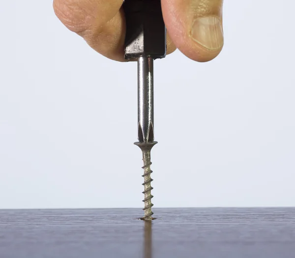 Tool screwdriver and a screw in his hand — Stockfoto