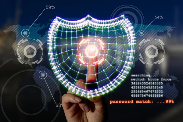 Computer security concept. Hand and shield symbolizing data protection in the network and personal computers. Mixed media.