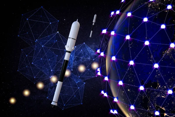 A network of linked satellites orbiting the earth. Global satellite internet service concept