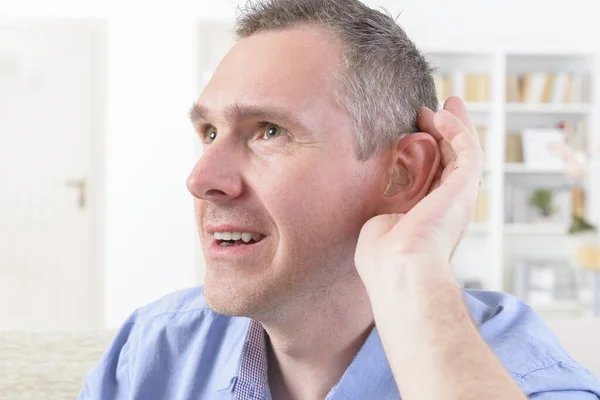 Man Wearing Deaf Aid Ear Attempting Hear Something — Stock Photo, Image