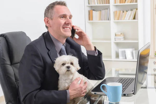 Uomo Che Lavora Casa Ufficio Che Tiene Suo Cane Latte — Foto Stock