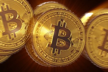 Altın Bitcoin paralar. Kripto para birimi sembolü, dinamik 3D illüstrasyon