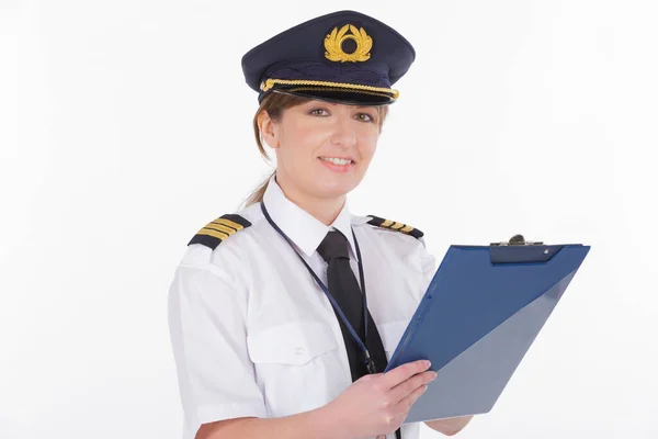 Mujer Hermosa Piloto Vistiendo Uniforme Con Epauletes Pie Aislado Sobre — Foto de Stock