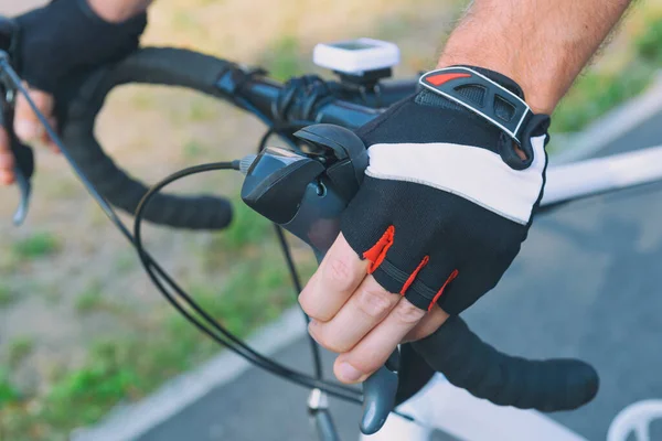 Hands Gloves Bicycle Handlebars — Stock Photo, Image