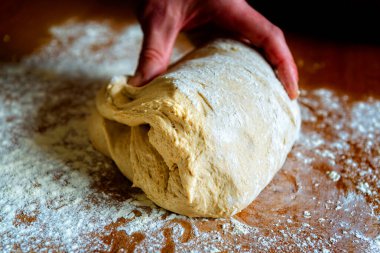 Beyaz ekmek, ekmek ve pizza için hamur hazırlıyorum. Buğday unundan hamur mayası..