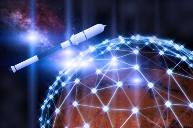 Mars 'ın yörüngesinde bağlı uydulardan oluşan bir ağ. Küresel uydu internet hizmeti kavramı