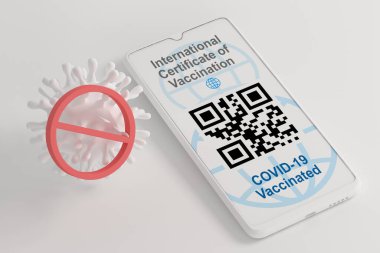 Covid19 pasaport, Covid 'e karşı aşılanmış kişi sertifikası, daha kolay seyahat ve diğer avantajlar. Uluslararası Aşılama Sertifikası, cep telefonunda QR kodu, üzerinde yasak işareti olan virüs, 3D illüstrasyon.