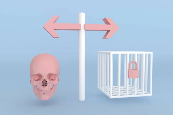 死刑和监禁之间的选择 象征死亡的骷髅和象征监狱的笼子的标志 3D插图 — 图库照片