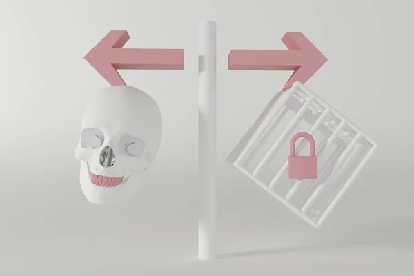 死刑和监禁之间的选择 象征死亡的骷髅和象征监狱的笼子的标志 3D插图 — 图库照片