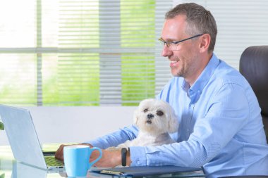 Adam evde çalışıyor ve küçük köpeğini tutuyor..
