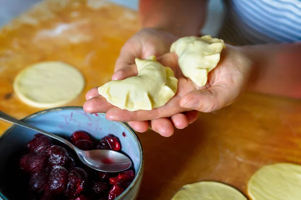 Making Dumplings Filled Sour Cherry Sugar Wooden Cutting Board — Stock Photo, Image