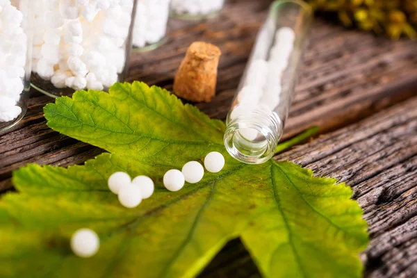 Homeopatycznych kuleczek na liściu — Zdjęcie stockowe