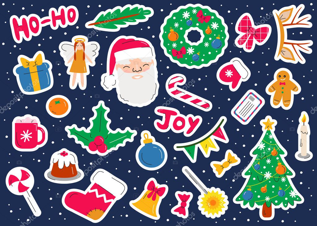 Vector Christmas stickers set in flat linear style on dark blue background. Cute stylish collection with winter holiday symbols. New Year colorful doodle elements, santa, tree, sock, cake, gingerman