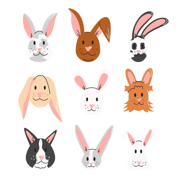 イースターバニー ウサギの顔は白い背景に隔離されています かわいい漫画の動物のセット 品種コレクションを共有する 宗教的な休日のためのデザイン要素 グラフィックプリント ベクトルフラット線形イラスト — ストックベクタ