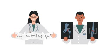 Farklı uzmanlık alanlarına sahip doktorlar izole edildi. Kardiyolog hastanın kardiyogramını tutuyor, romatolog eklem kemikleri röntgenini inceliyor. Tıbbi ekip. Vektör düz resimleme