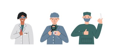 Farklı uzmanlık alanları olan izole edilmiş doktorlar. Hematolog elinde kan testi tüpü tutuyor, bulaşıcı hastalık uzmanı numune üzerinde çalışıyor, pensi olan bir cerrah. Tıbbi personel ekibi. Vektör düz resimleme