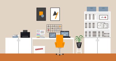 Tasarımcı serbest yazar için modern minimalist çalışma alanı. Salgın döneminde uzaktan kumanda. Çalışma masası, dizüstü bilgisayarı, öğrenci ya da programcı için yazıcısı olan bir ev. Vektör düz çizgi çizimi