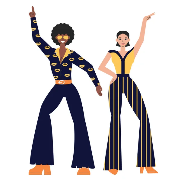 Beyaz arka planda izole edilmiş disko dansçıları poz veriyor. 1970 'lerin partisindeki Hetero çift tarzı kıyafetler. 1980 'lerde kadın ve erkek, soul funk zamanı. 80 'lerin modası geri geliyor. Vektör düz çizgi çizimi