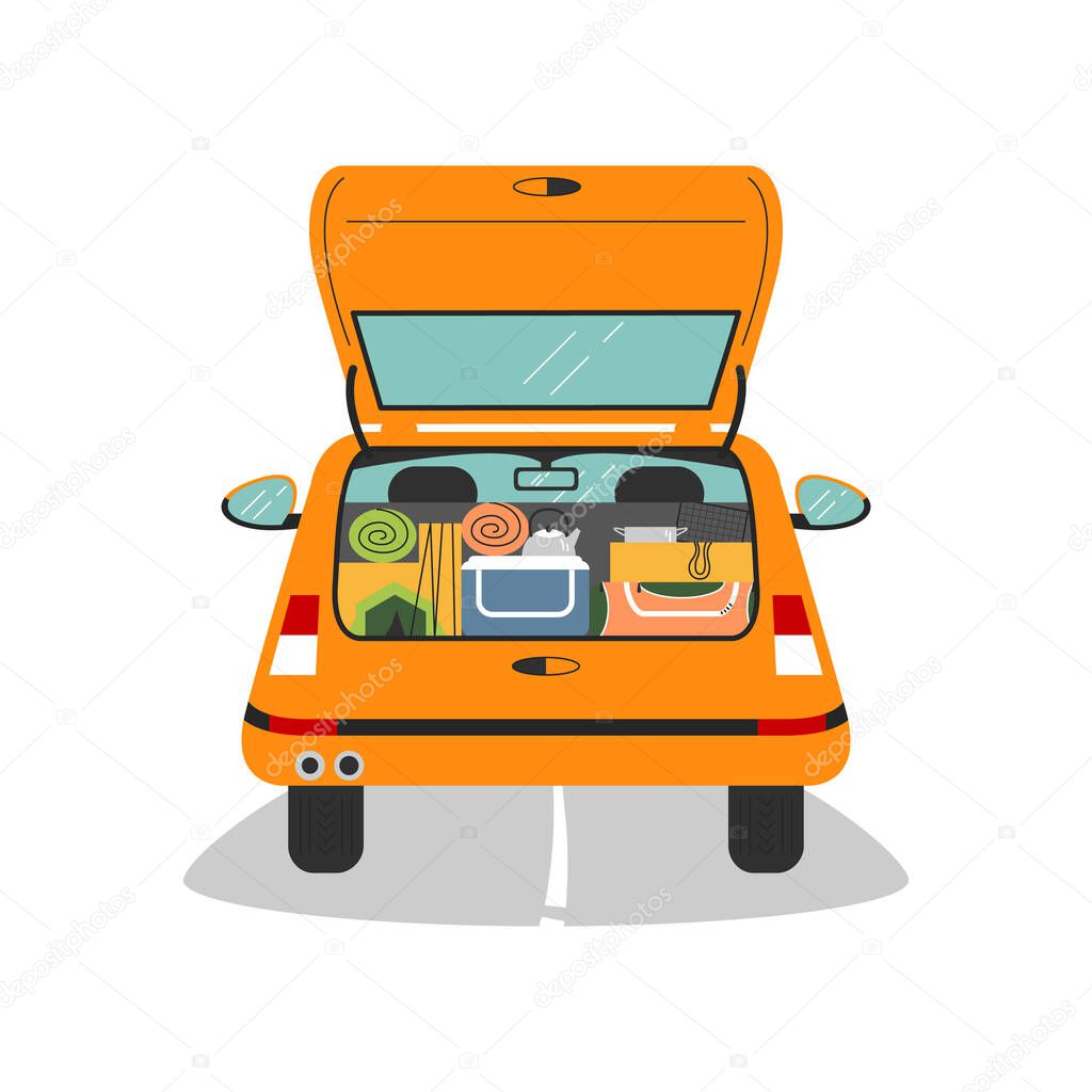 Car trunk is open and full of camping equipment. Automobile, back view with tent, sleeping bag, dishware, picnic fridge, grill grid. Travel by car concept. Vector flat cartoon illustration isolated
