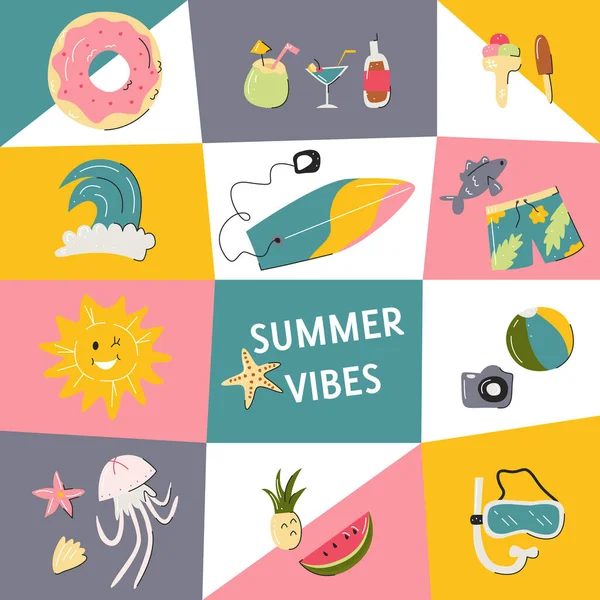 Design Summer Vibes Party Poster Colorful Template Vacation Symbols Usable — Stock Vector