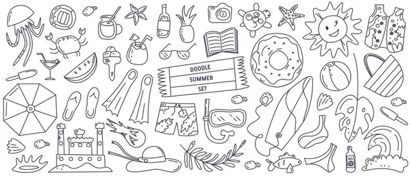 Monochrome Horizontal Summer Beach Symbols Banner Cute Vacation Hand Drawn — Διανυσματικό Αρχείο