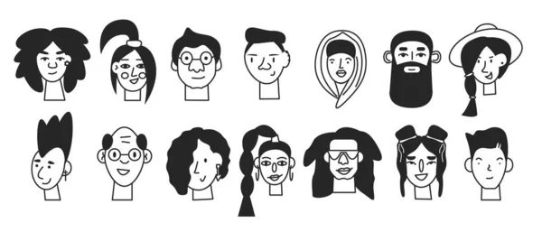 Doodle Ícones Faciais Humanos Mínimos Pretos Isolados Linha Masculino Feminino — Vetor de Stock