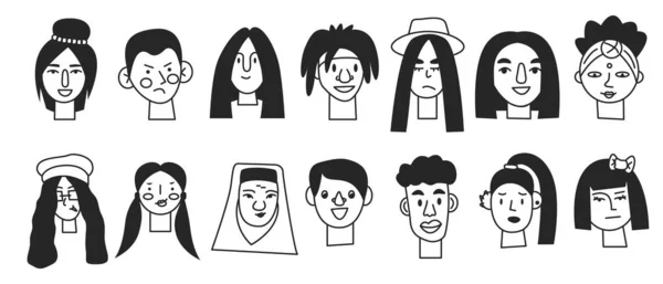 Doodle Ícones Faciais Humanos Mínimos Pretos Isolados Retrato Monocromático Pessoas —  Vetores de Stock