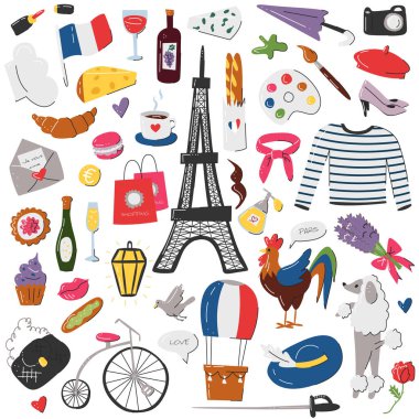 Beyaza izole edilmiş büyük bir Fransız sembol çıkartması. Ekmek, peynir, makarna, lavanta, kılıç, silahşör, horoz, kaniş, lamba gibi Paris ikonu koleksiyonu. Vektör düz el çizimi resimleme