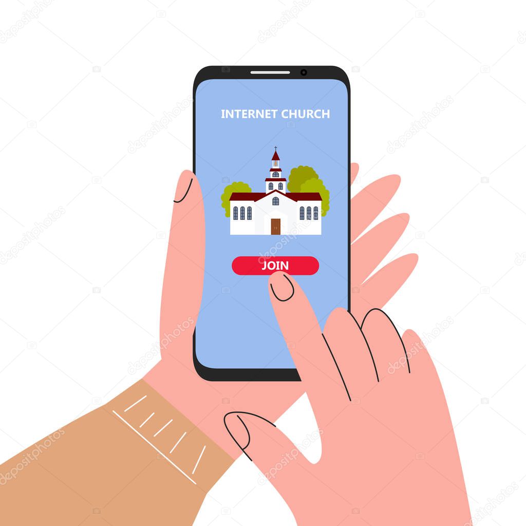 Person joining to internet church service with phone. Mobile app for live religious broadcast, conducting in distance. Video Call conference with parishioners online. Vector flat line illustration