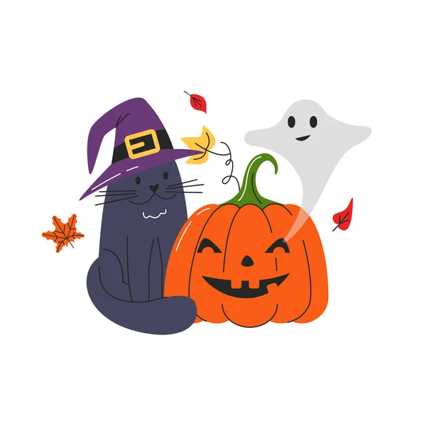 Buon Halloween Concept Design Isolato Bianco Disegno Include Personaggi Gatto — Vettoriale Stock