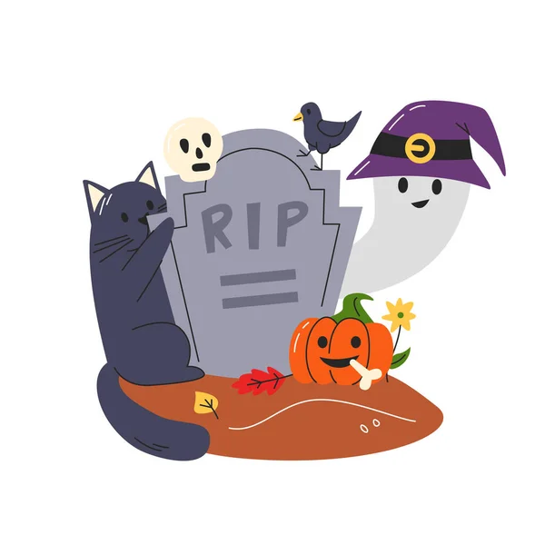 Happy Halloween Concept Ontwerp Geïsoleerd Wit Tekening Inclusief Kleurrijke Personages — Stockvector