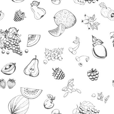 Meyveler, vektör çizimleri. Kusursuz arkaplan