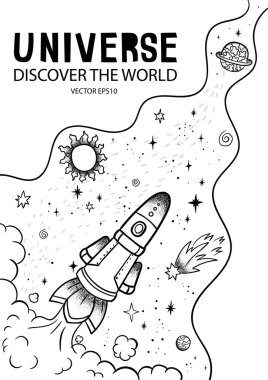 El çizimi uzay afişi şablonu. Uzay vektörü çizimleri, roketler, gezegenler, yıldızlar. Tasarımınız için evren