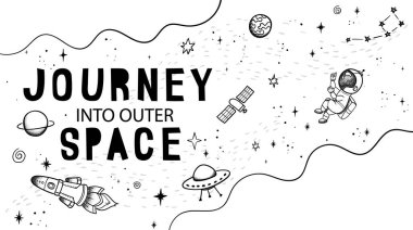 El çizimi uzay afişi şablonu. Uzay vektörü çizimleri, roketler, gezegenler, yıldızlar. Tasarımınız için evren